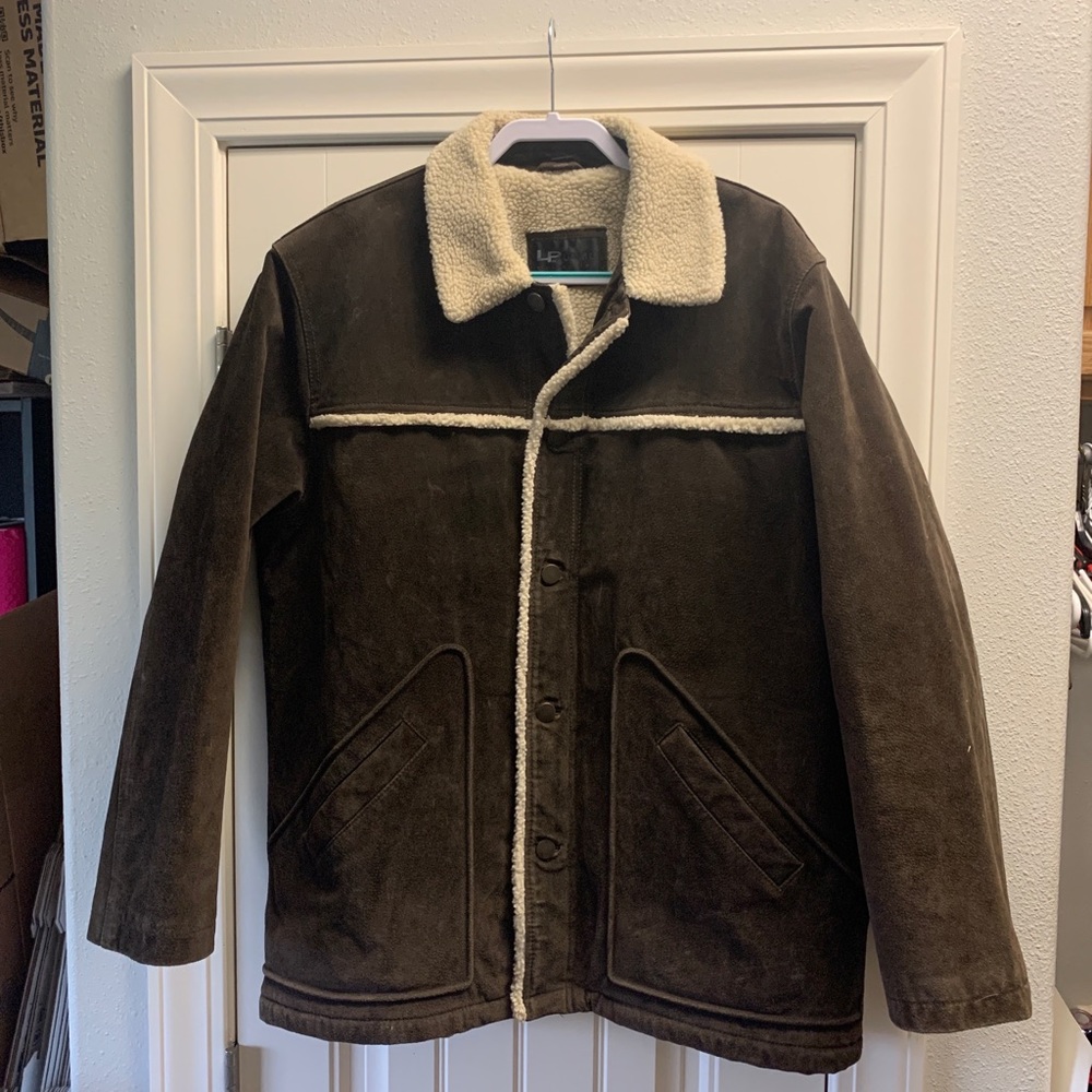 Vintage LPuomo Brown Suede Leather Coat Sherpa Collar/Lining Size Fits Like 2XL